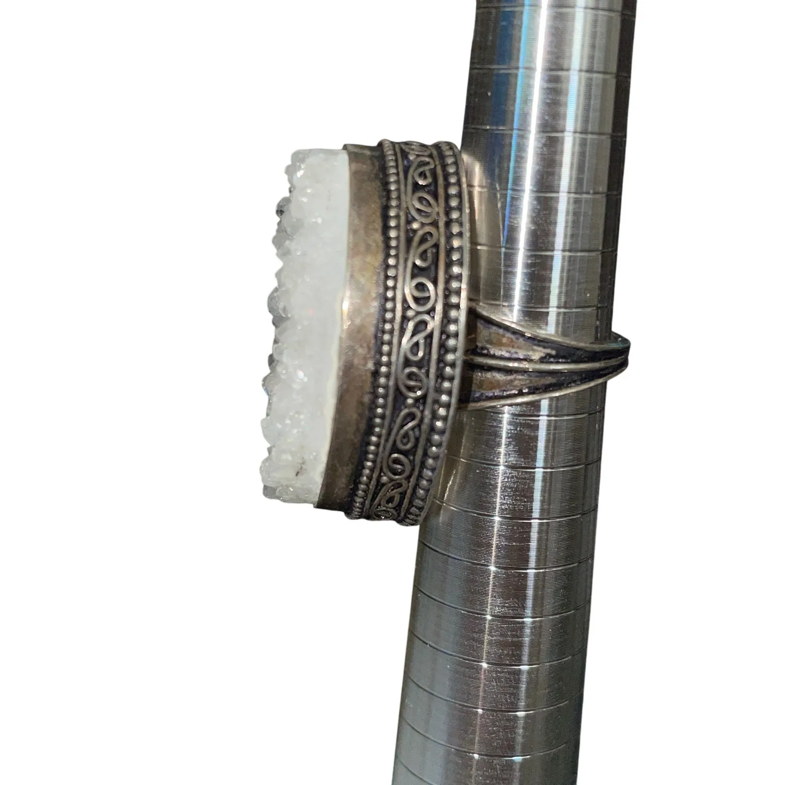 Quartz White Druzy Crystal Cluster Oval Gemstone .925 Silver Ring 6.5 - Image 3