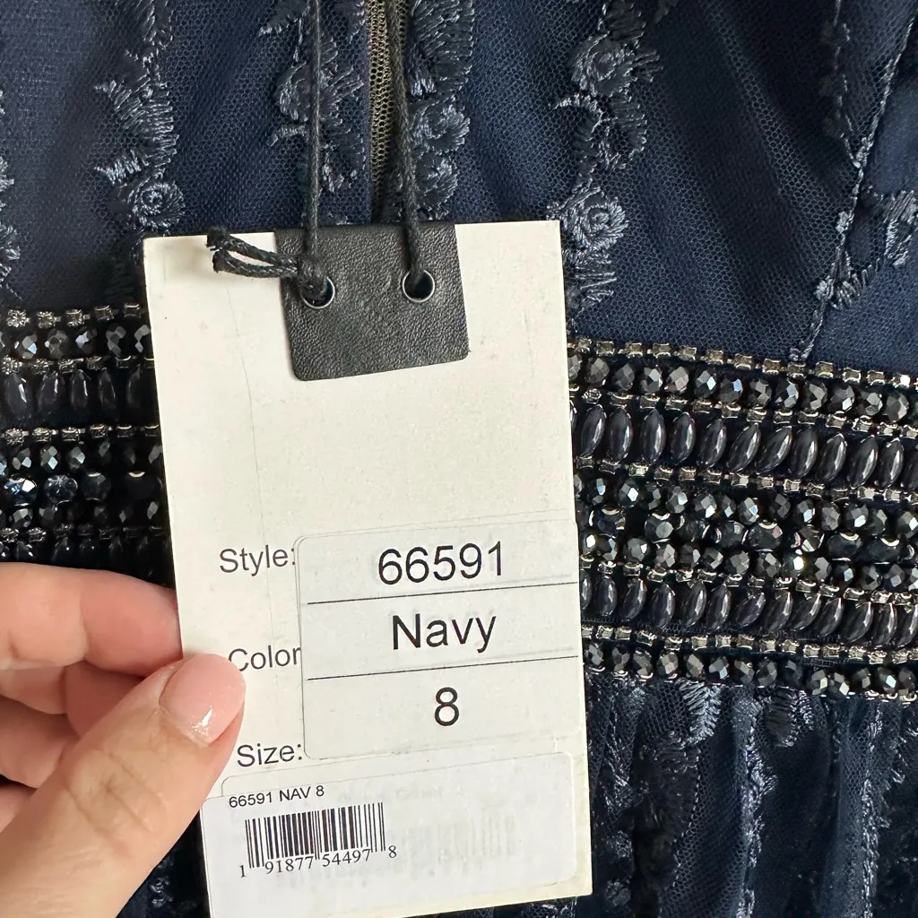 Mac‎ Duggal Long Sleeve Floral Illusion Midnight Navy A Line Gown Size 8 NWT - Image 7