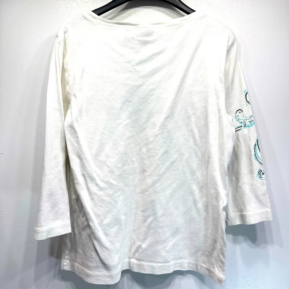 Chico’s Additions White with Teal & Black Flower 3/4 Sleeve 100% Cotton Top - Image 3