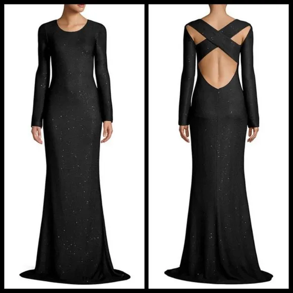 💕ST. JOHN💕 Long-Sleeve Cross-Back Links Sequin Knit Evening Gown Black 10 NWOT - Image 2