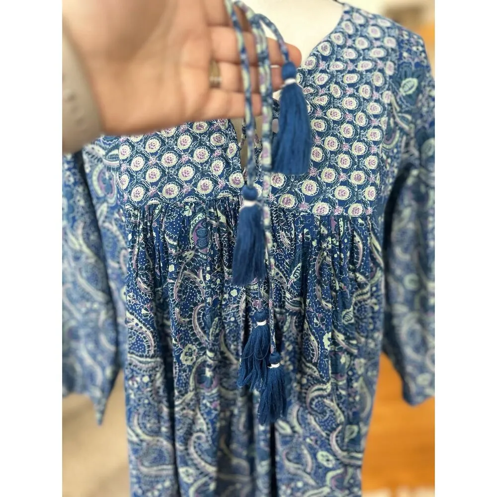 Ro's Garden Seychelles Blue & White Paisley Block Print Tassel Short Tunic Size XS - Image 2