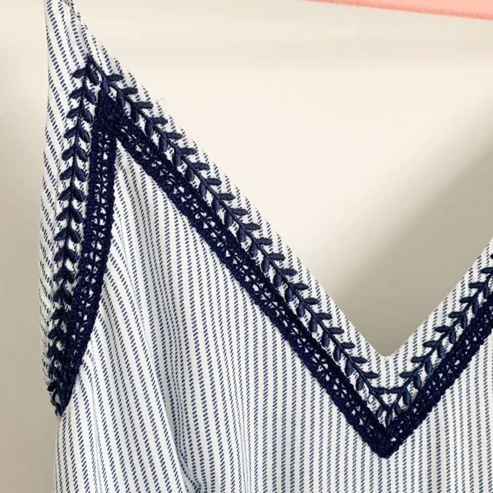 Japna Blue White Seersucker Pinstriped Embroidered Wide Leg Jumpsuit XS - Image 3