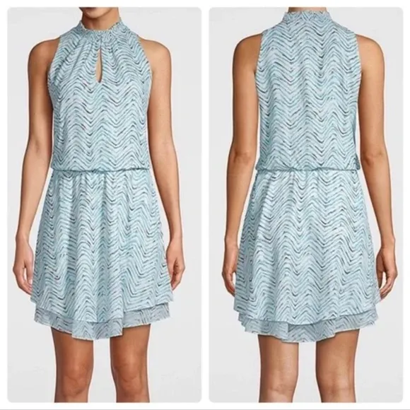 White House Black Market Wm Dress Printed Smock Sleeveless Blue High Neck Size M - Image 2