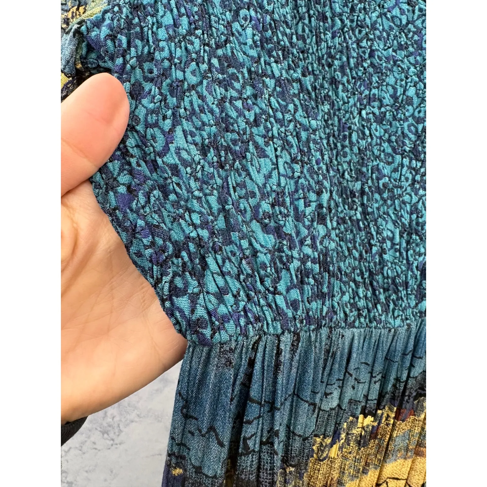 Vintage CAROLE LITTLE Women's Retro Earthy Textured Abstract Maxi Dress Size 8 Blue - Image 6