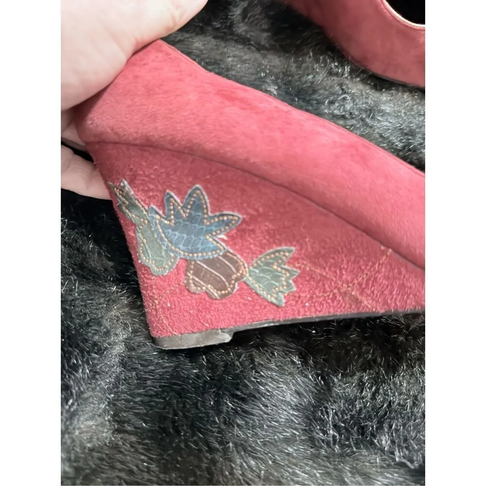 SAM & LIBBY Red Burgundy Suede Leather Wedge Heel Shoes Flower Embellish Boho 8 - Image 3