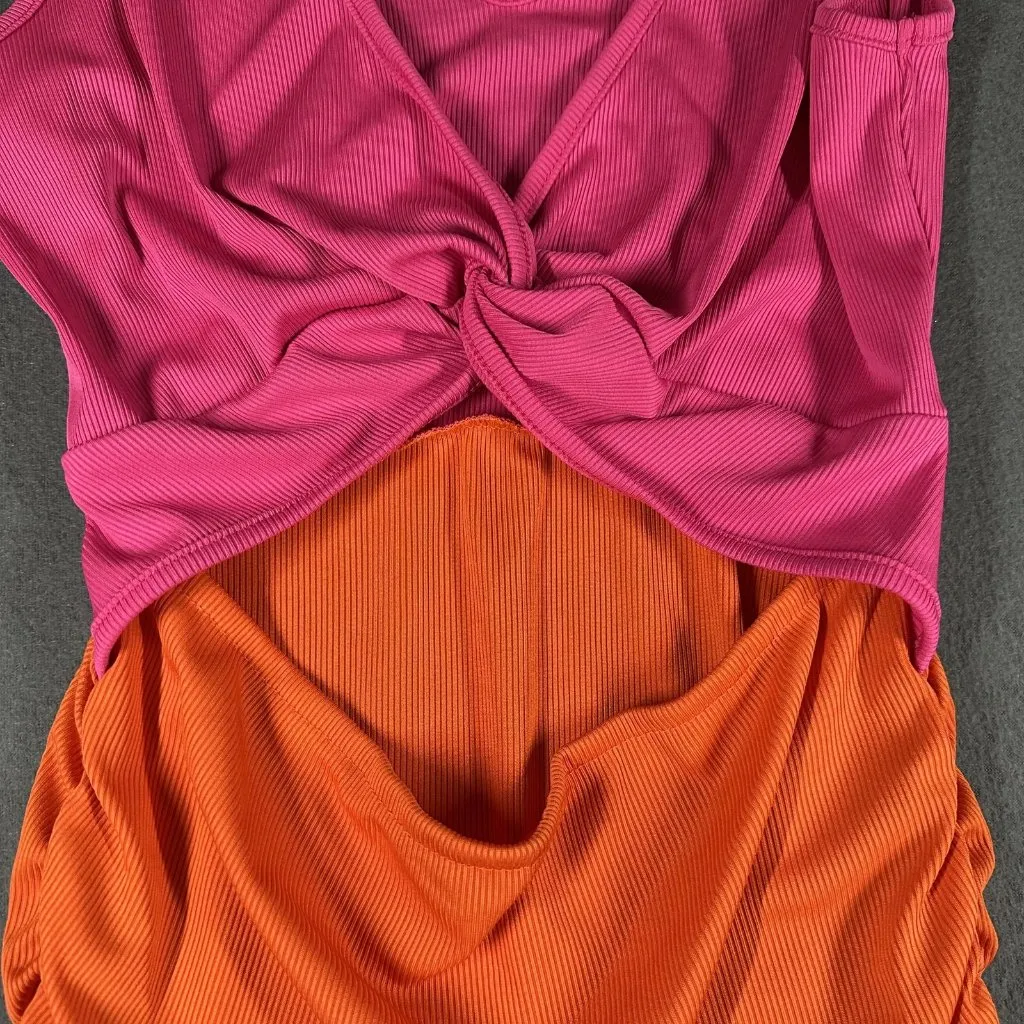SHEIN Dress Womens Large Pink Orange‎ Colorblock Ruched Cutout Bodycon Tank Mini - Image 8