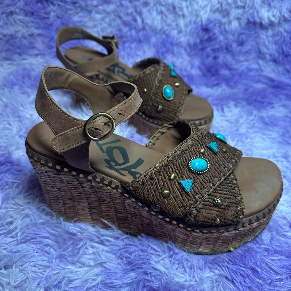OTBT Leather Brown & Turquoise Chunky Cahoot Espadrille Platform Wedge Sandals - Image 10