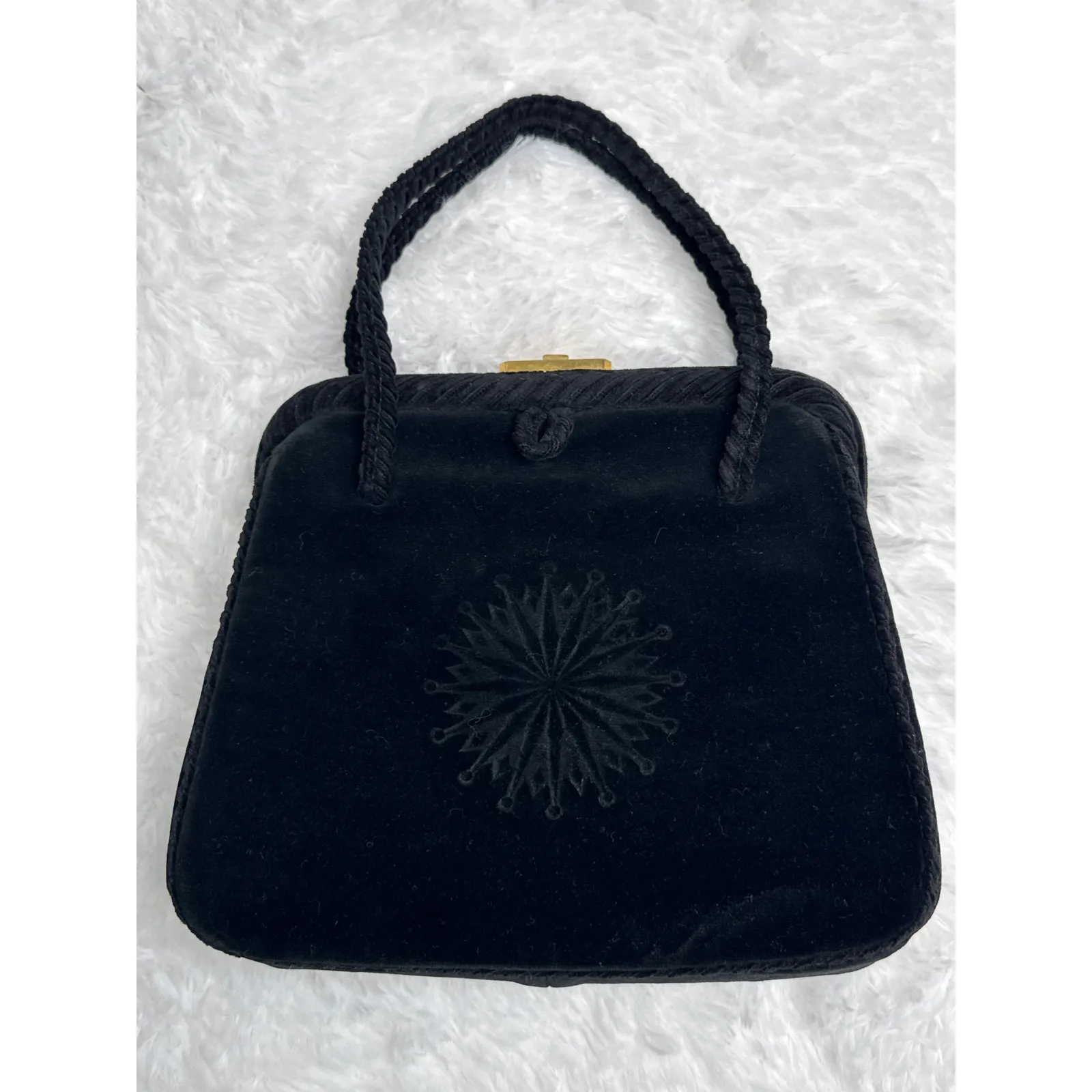 OOAK 1950s Black Velvet Evening Bag w/ Starburst Embossed brass lock top handle - Image 3