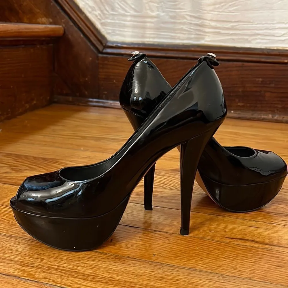 Stuart Weitzman Black Patent Leather Platform Peep Toe Pumps Size 7M - Image 5