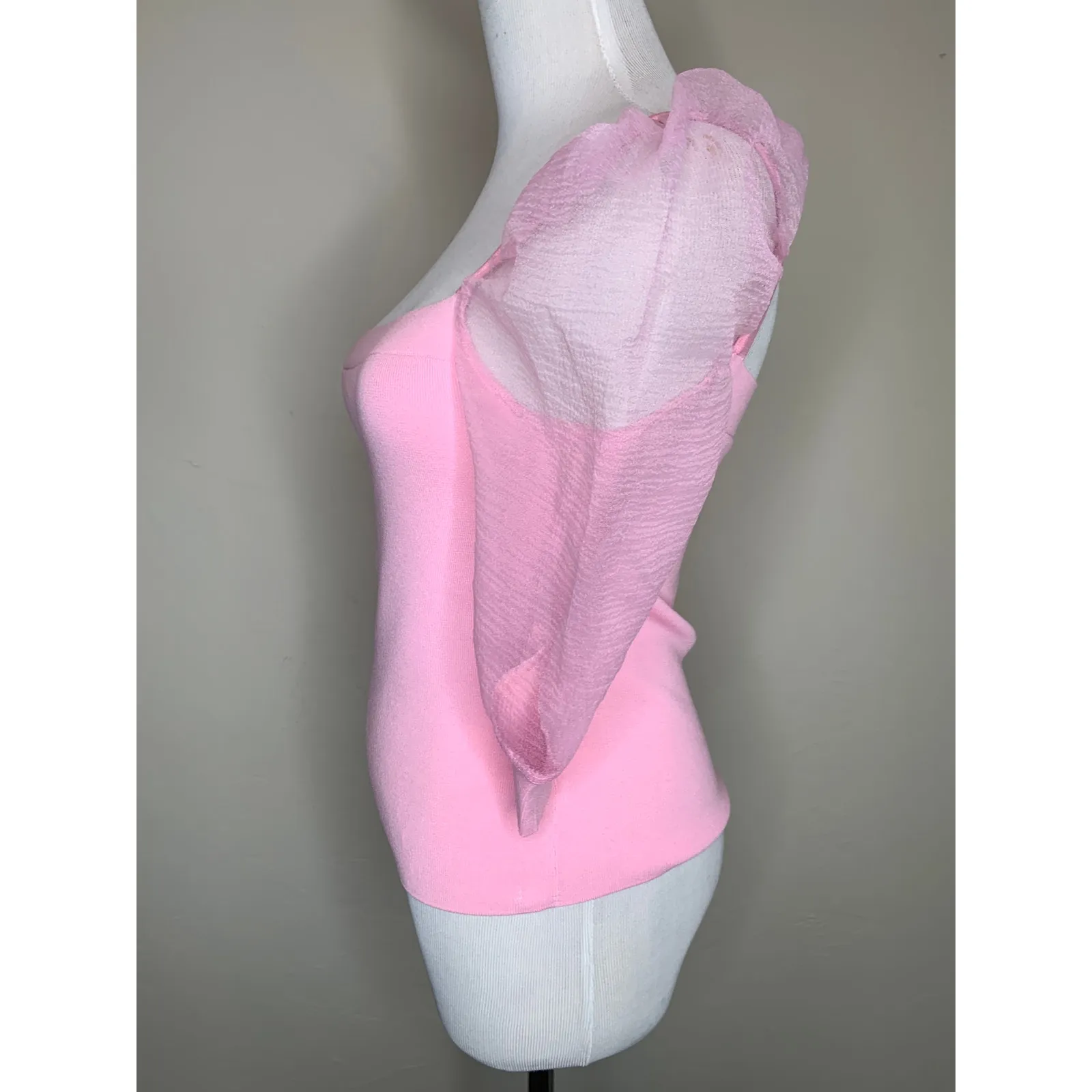 Bar III Pink Sheer Puff Sleeve Top Sz Small - Image 3