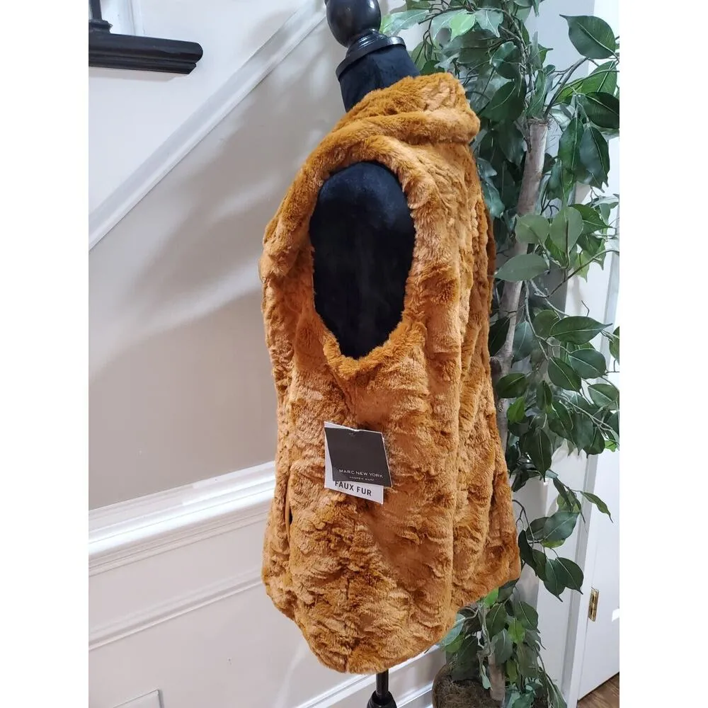 Marc New York Womens Golden Faux Fur Sleeveless Full Zipper Pockets Vest Large - Image 5