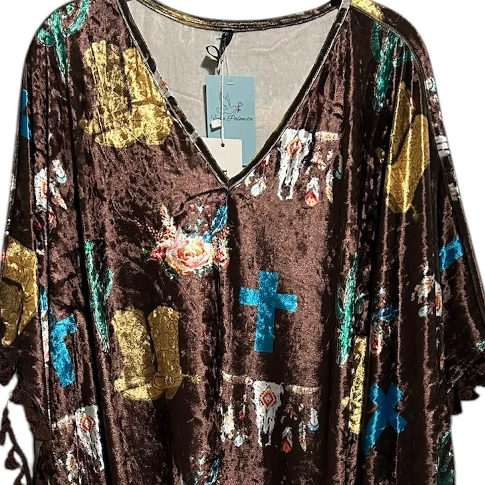 NWT Fashion U Brown Crushed Velvet Western Poncho With Tassels Size L - Image 2