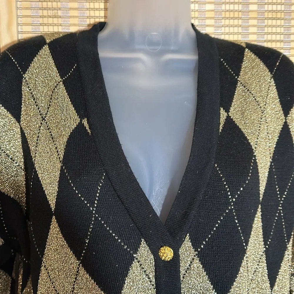 Loubella Vintage 1990s Y2K Black Metallic Gold Diamond Pattern Cardigan Medium - Image 6