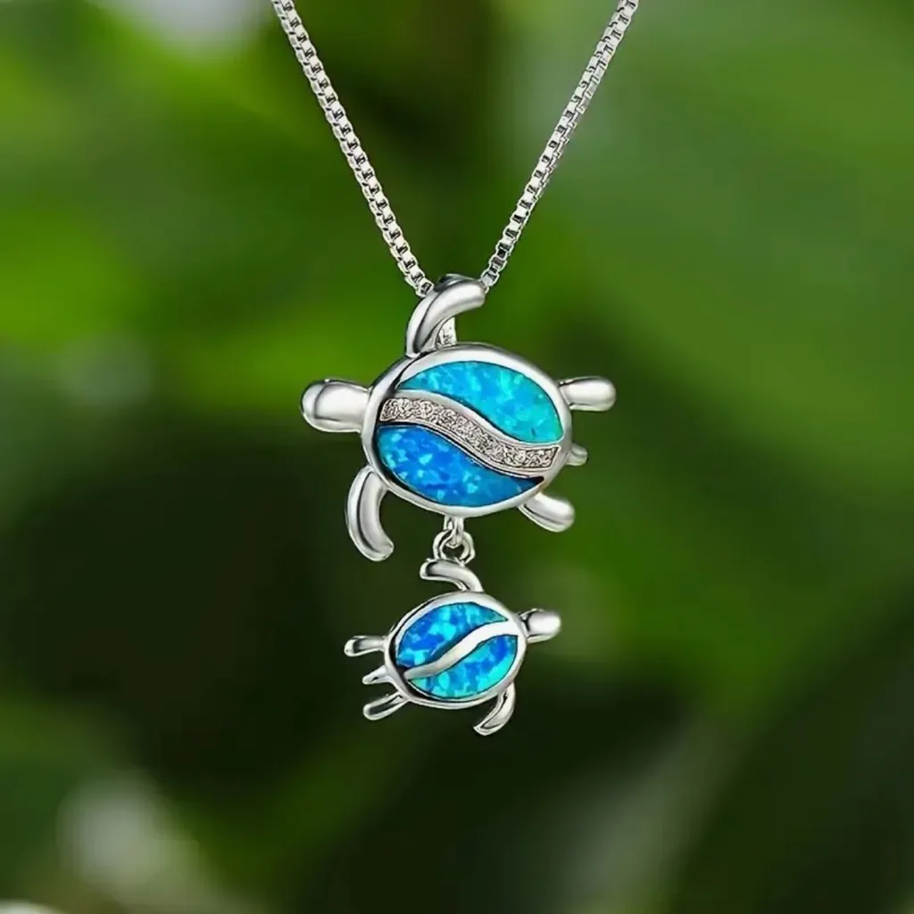 Silver Plated Tear Drop Opal‎ Turtle Parent Child Pendant, Minimalist Necklace - Image 4