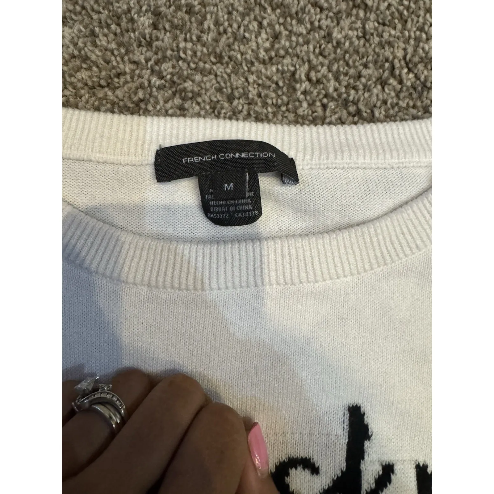 French Connection Women Sz M Apres Ski Frenchie‎ Bulldog Parisian Sweater Beige - Image 2