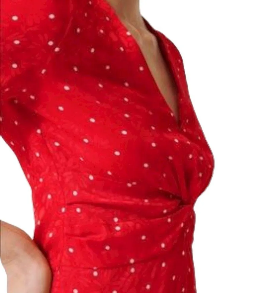 MAJE Womens Red Ripia Twist-Front Polka-Dot Floral Jacquard Mini Dress Sz Small - Image 4