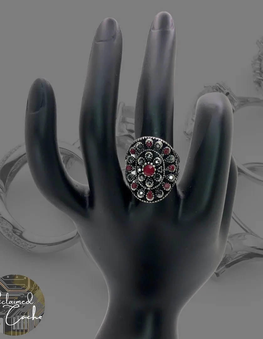 Silver, Red, and Black Rhinestone Statement Ring - Image 2