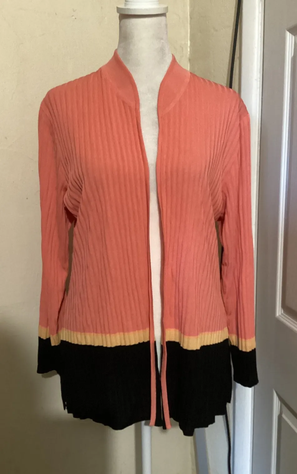 Misoook Petite Coral Ribbed Knit Open Front Cardigan Colorblock Trim M - Image 1