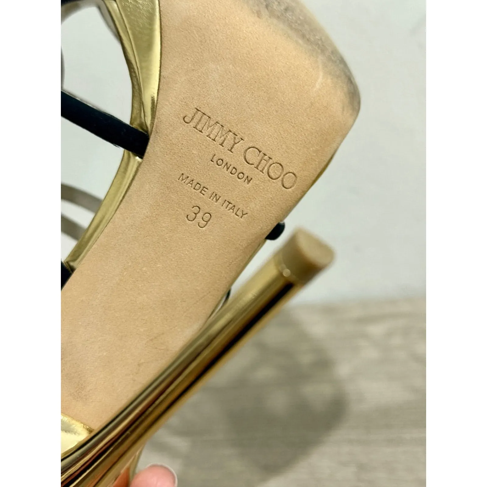 Jimmy Choo Bunting Caged Metallic Leather Strappy Heeled Sandals Black/Gold 39/9 - Image 6