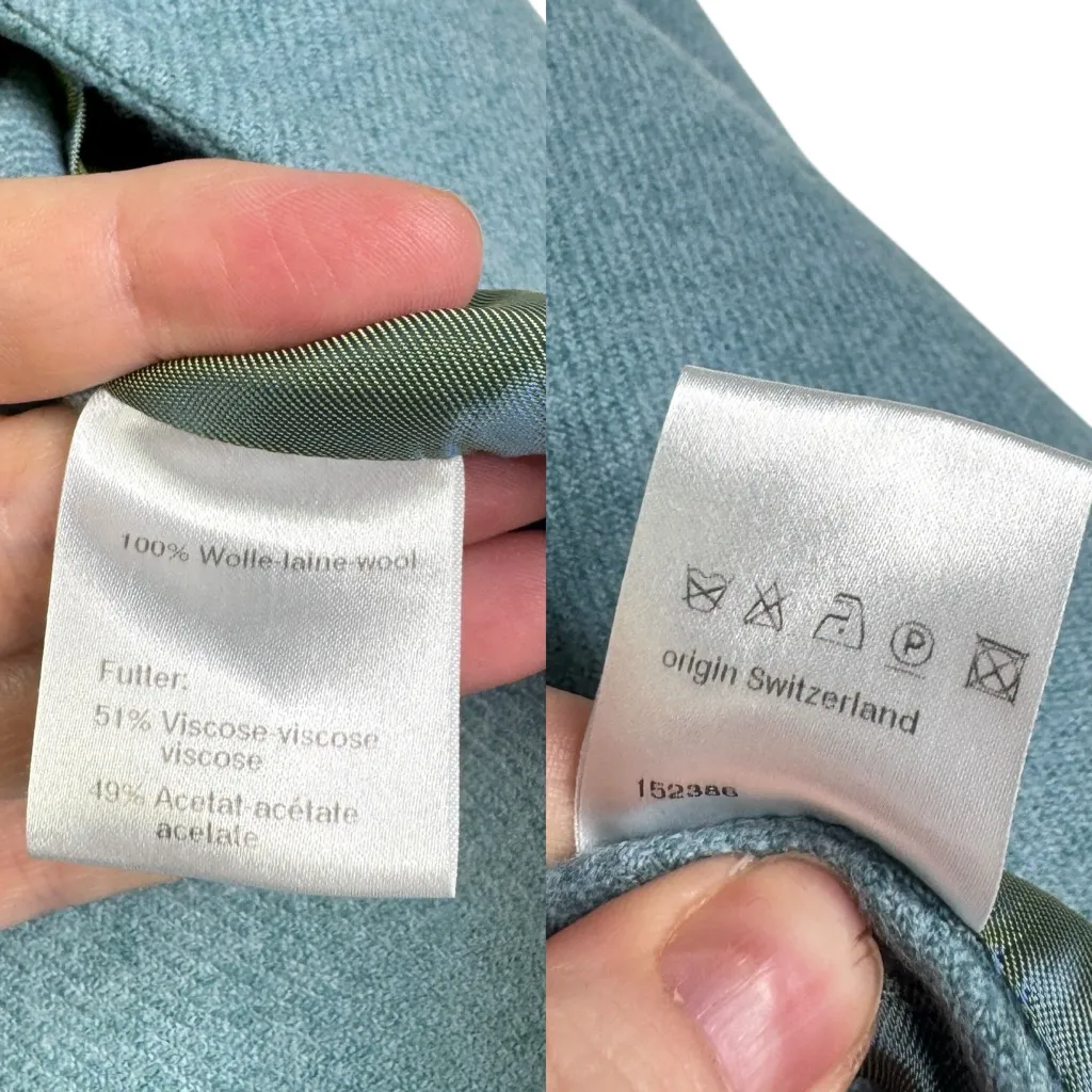 Akris Punto Sumptuous Aqua Jacket 100% Wool Light Blue Hook & Eye Flaws US 12 - Image 16