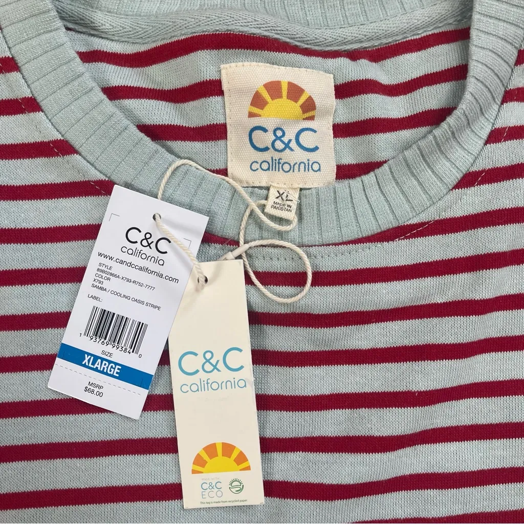 C&C California women’s slouchy oversized striped sweatshirt teal red Sz XLarge - Image 6