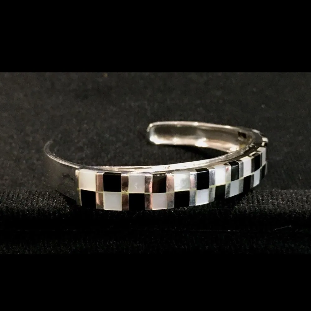 Vintage Onyx Mother of Pearl Sterling Silver Checkerboard Cuff Bracelet - Image 3
