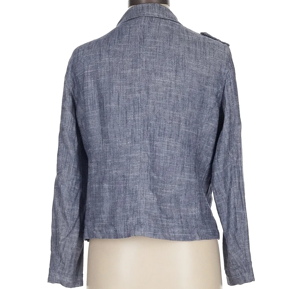 Vintage Neiman Marcus Denim Linen Blue Moto Zip Jacket Size Women’s Medium M - Image 4