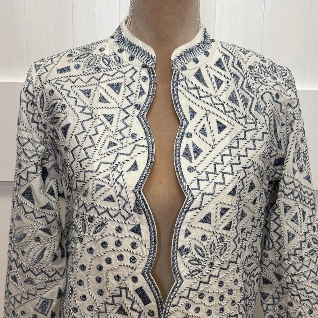 Coldwater Creek Women's Blue and White Cotton Embroidered Open Jacket Size PS - Image 2