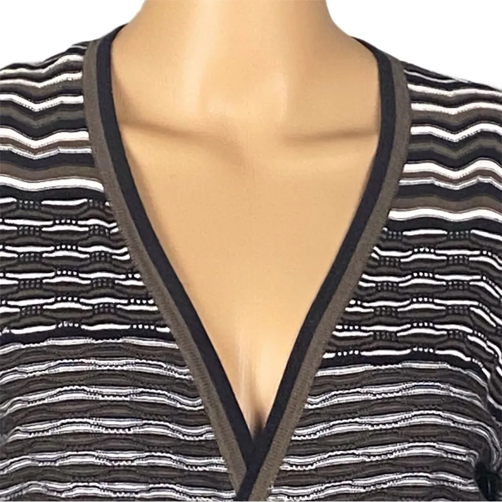 BCBGMAXAZRIA black brown white striped wrap sweater with tie belt Medium EUC - Image 2