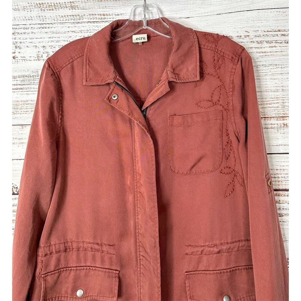 Ecru Women's Embroidered Drawstring Waist Cargo Utility Jacket Brick Size Medium - Image 2