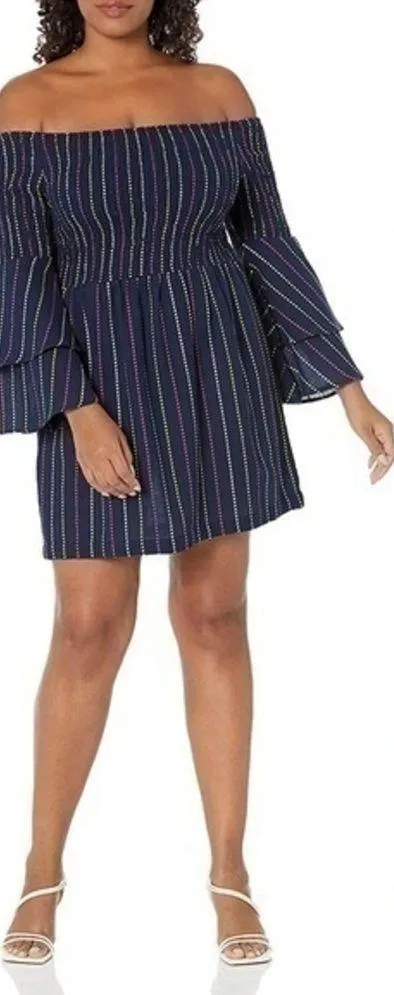 Mud Pie Desi Off the Shoulder mini dress in navy blue multicolor stripe size S - Image 4