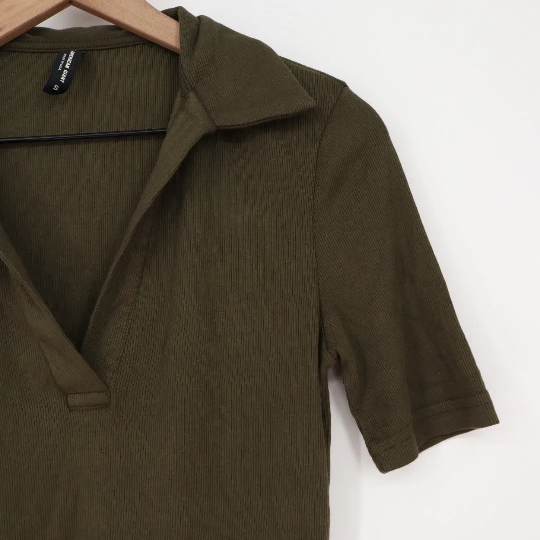 AMERICAN GIANT Olive Green Ribbed Collared Short Sleeve Top Size S Made USA - Image 5