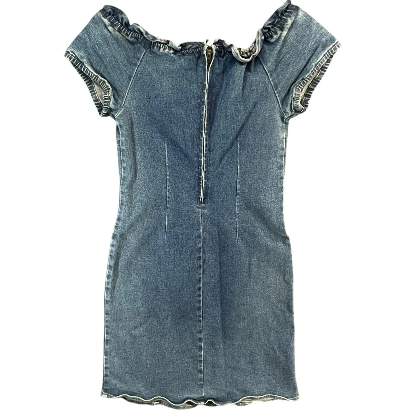Moda International Y2K Denim Dress 6 Blue Ruffle Neck Milkmaid Stretch Retro - Image 5