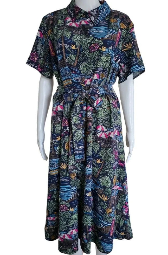 D&CO Navy Hawaiian Print Button Down Belted Shirt Dress Size Large Blue - Image 2