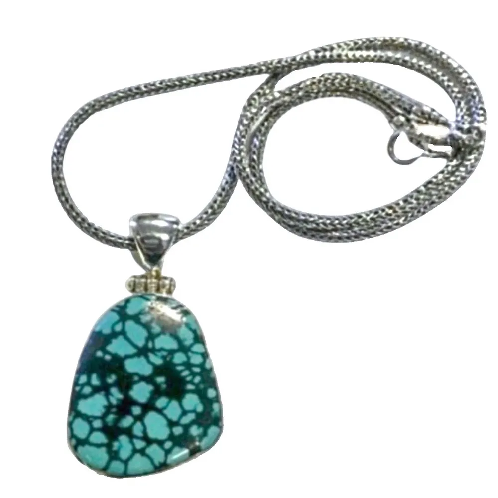Turquoise Black Spiderweb Cabochon Sterling Silver Wheat Chain Necklace - Image 13
