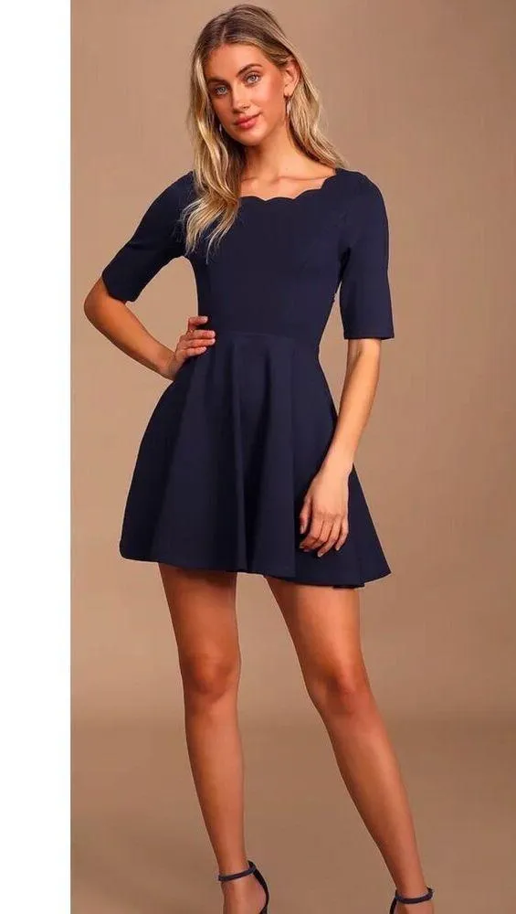 Lulus Womens Scallop Neckline Elbow Sleeve Mini Fit & Flare Dress Size Small NWT - Image 2