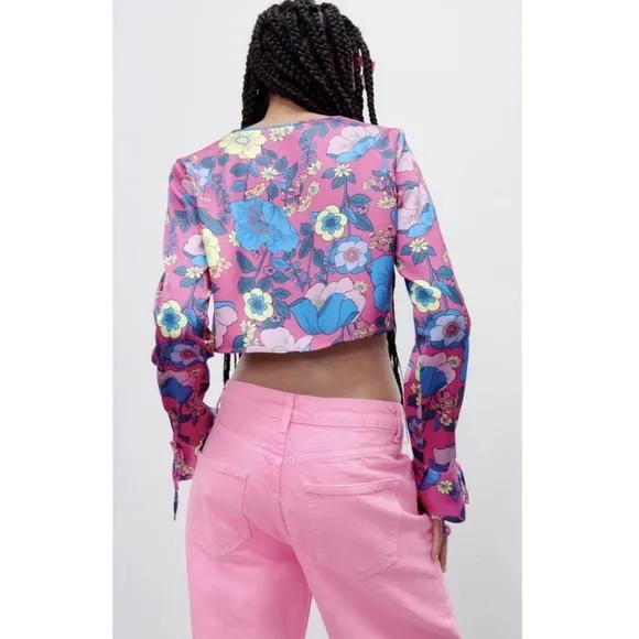 Zara Neon Floral Satin Effect Printed Cropped Top NWT SMALL - Image 2