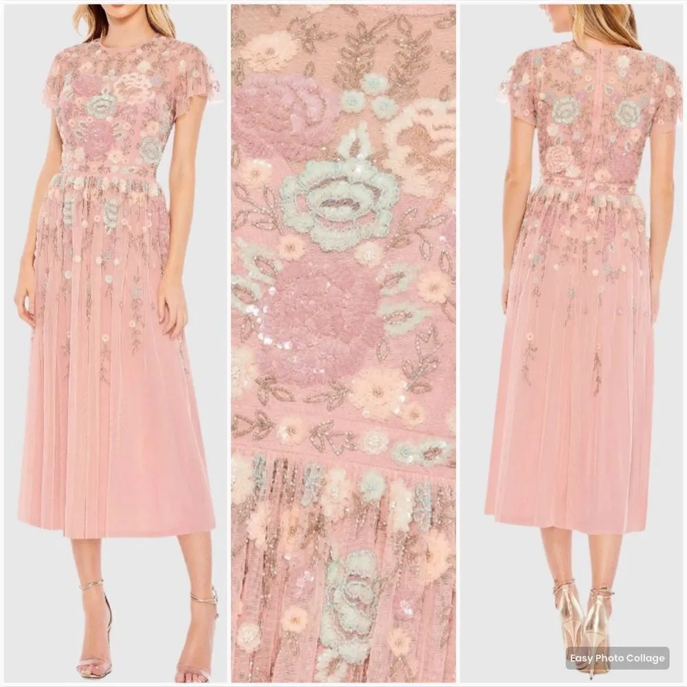 MAC DUGGAL 9134 Womens Embellished High Neck Butterfly Sleeve Midi Dress - Image 3