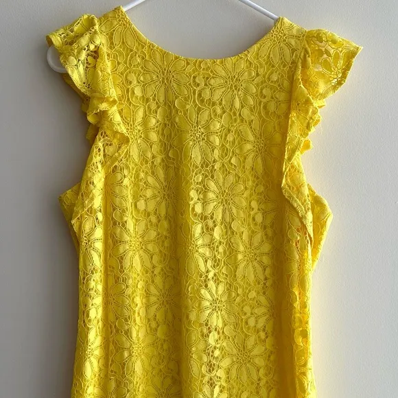 Yellow Floral Sheath Dress, Crochet Lace Ruffle Dress, Size 10 - Image 2