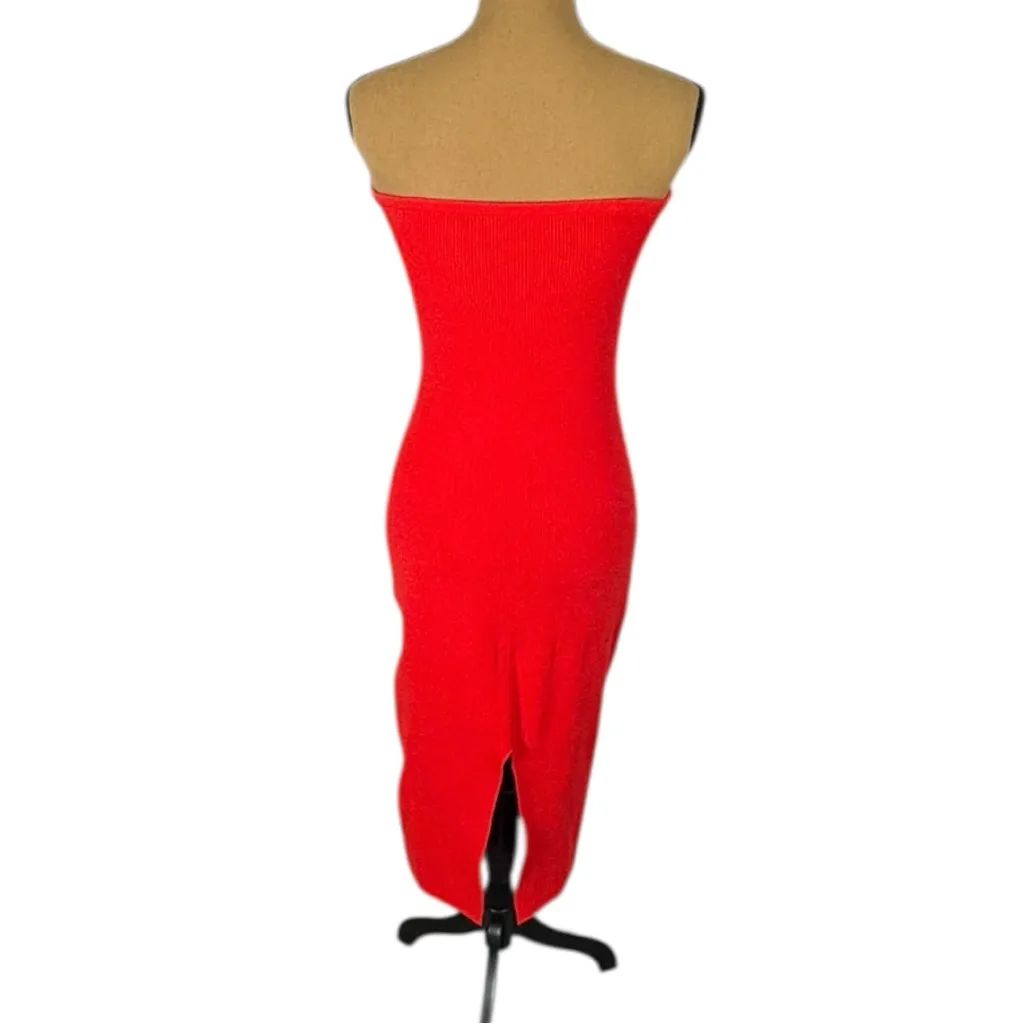 Red Knit Strapless Sweater Midi Dress Women’s Medium Bodycon Sexy Date Night - Image 2