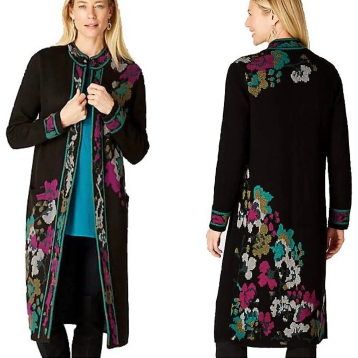 J.Jill NWT Trailing Flowers Jacquard Topper Floral Duster Sweater Coat Cardigan Black Size L - Image 2