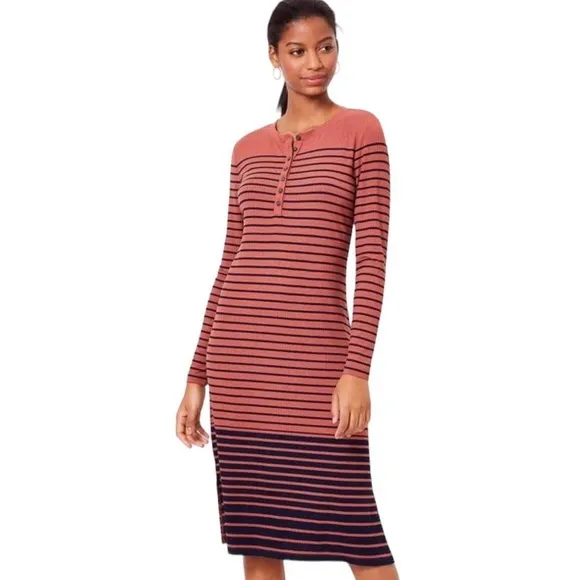 NWT LOFT Striped Long Sleeve Henley Midi Dress in Copper Red/Navy - Image 9