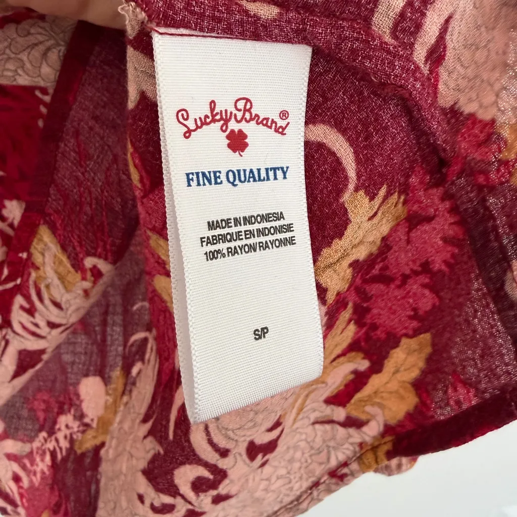 Lucky Brand Women’s Blouse Top S Red Floral Print Tie Boho Peasant Prairie - Image 4