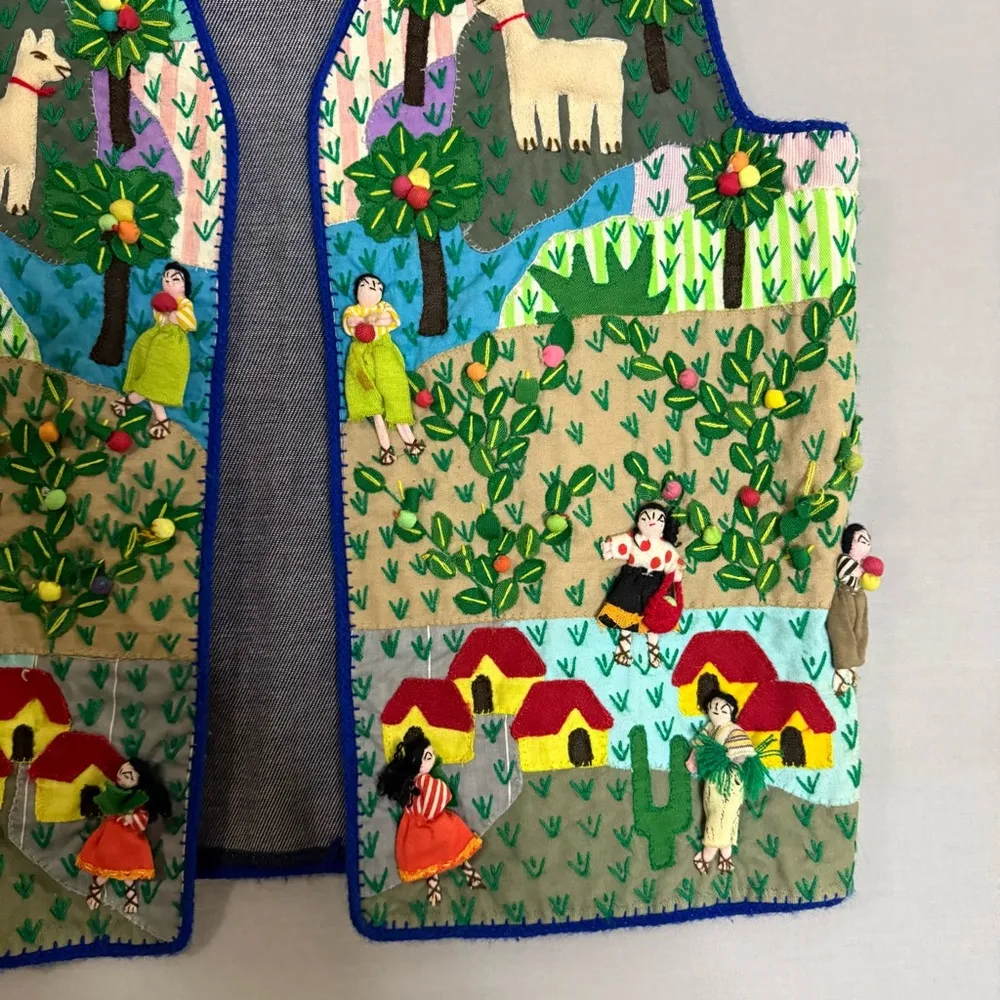 Handmade Folk Art Vest Arpillera Embroidery South America Vintage Peruvian Large Blue - Image 4