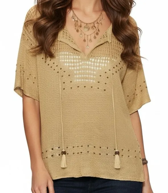 Calypso St. Barth 100% Linen Boho Neilsine Open Knit Beaded Sweater Small - Image 1