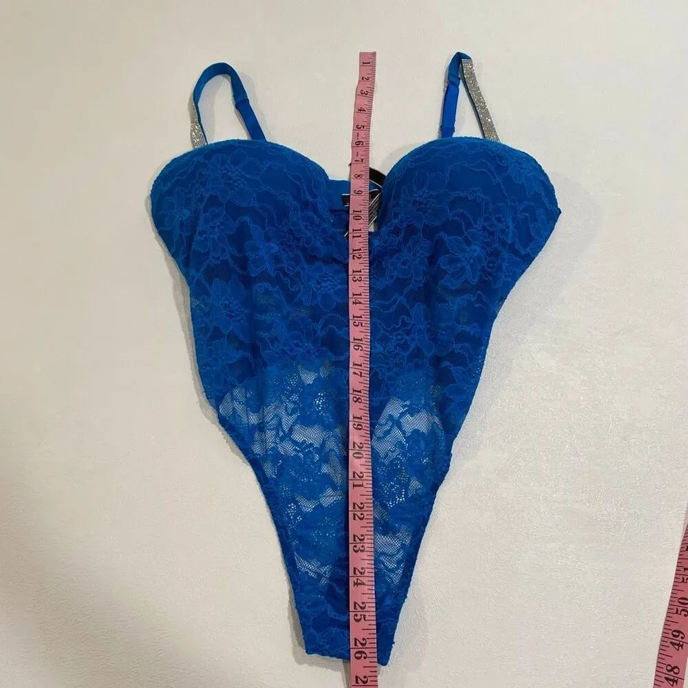 Victoria’s Secret Blue Lace Rhinestone Strap Bodysuit XL Sexy Sheer One Piece Li - Image 4