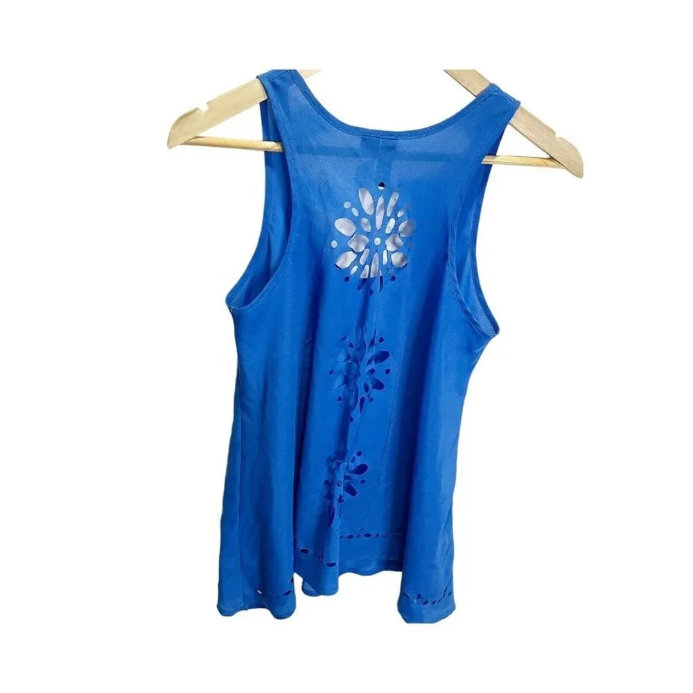 Fun & Flirt Women's Blue Sheer Floral Cutout Sleeveless Shirt Sz M Casual - Image 4