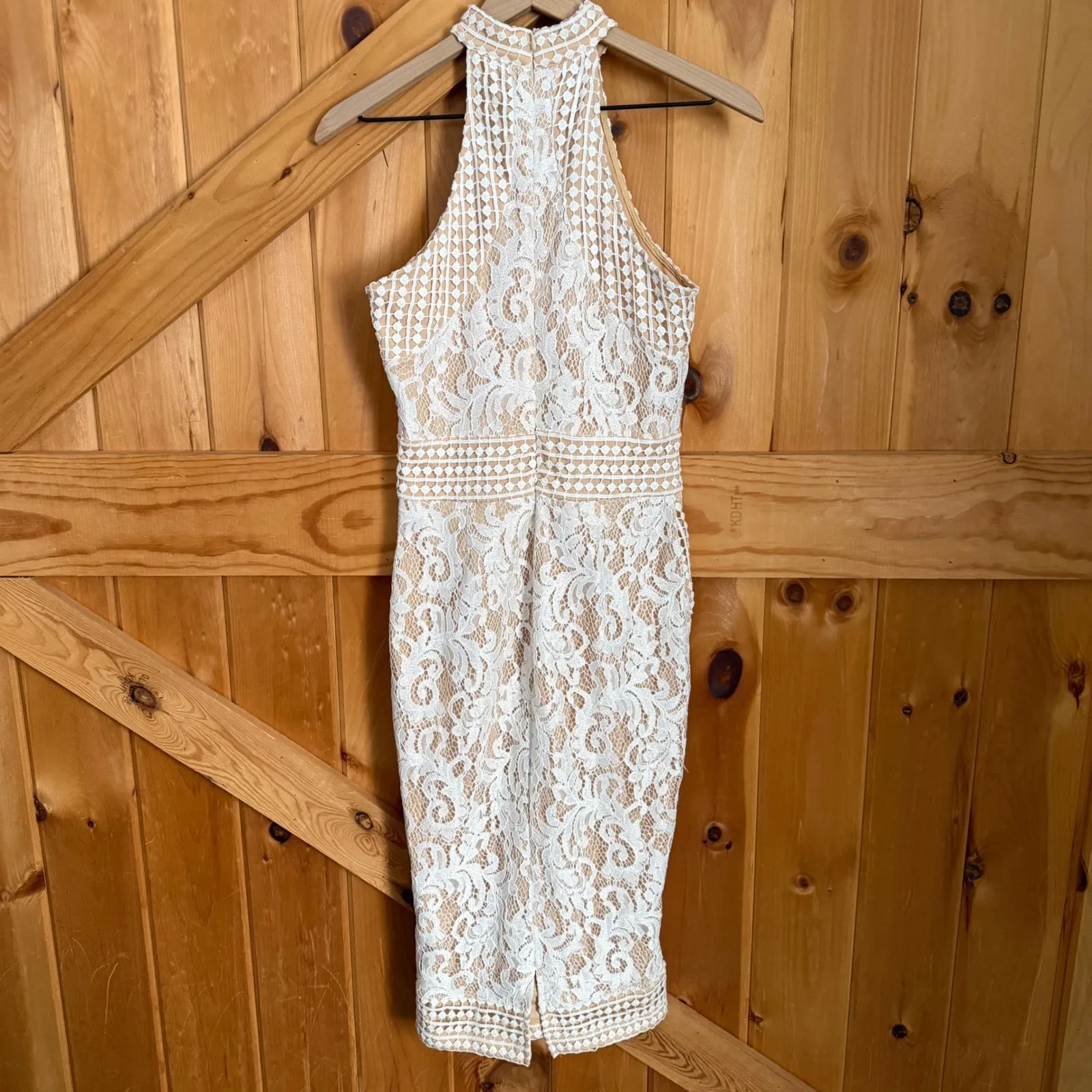 Pretty Little Thing White Lace Halter Midi Dress Sheath Formal Womans Size 4 - Image 4