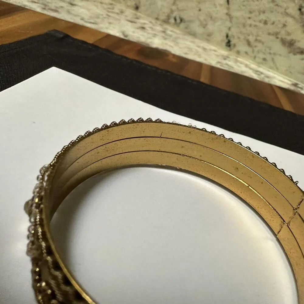 Indian Style Gold Tone Flower Mesh Bead & Rhinestone Bangle Bracelet 7 3/4 Inch - Image 10