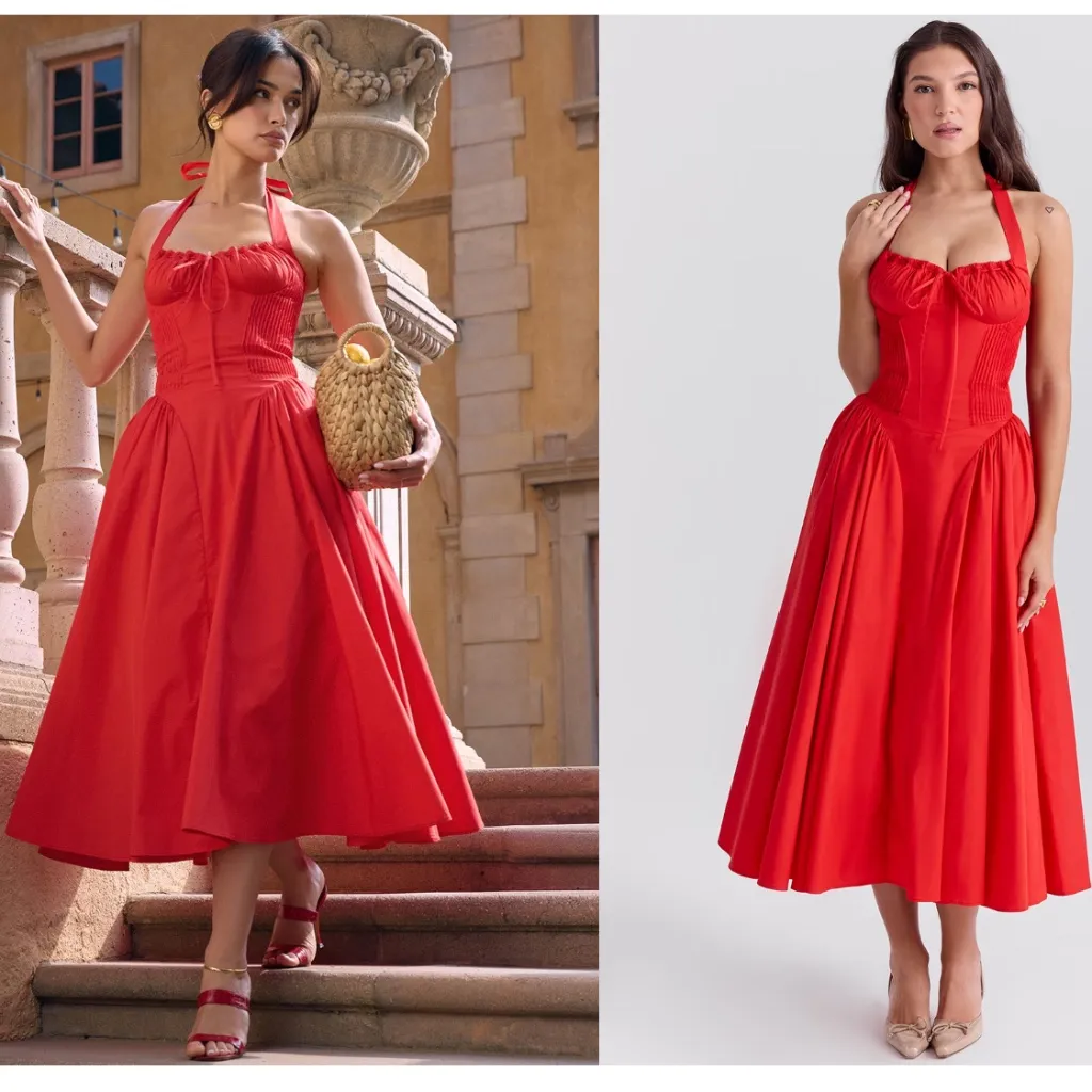 HOUSE OF CB 'Adabella' Italian Tomato Cotton Halter Sundress NWOT‎ size L - Image 4